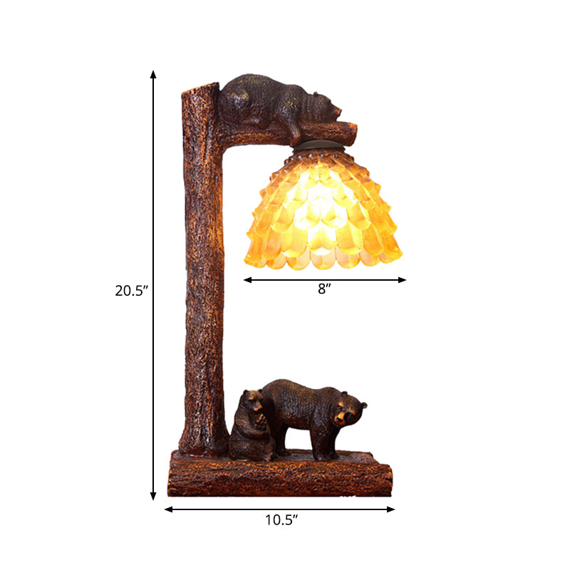 Luz de mesa de piñón marrón Classic Amber Glass 1 Lámpara de tarea de dormitorio ligero con oso