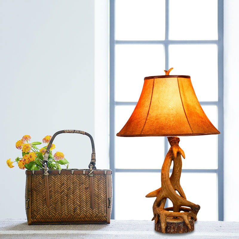 1 Light Barrel Desk Lamp Traditional Wood Fabric Task Lighting for Bedroom with Antler Accents