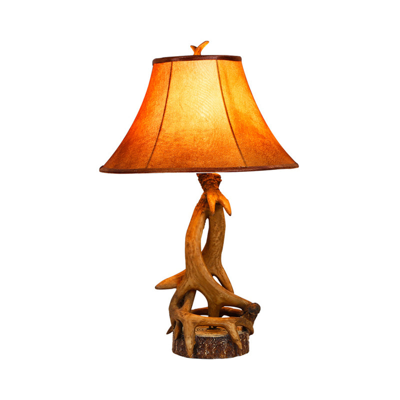 1 Light Barrel Desk Lamp Traditional Wood Fabric Task Lighting for Bedroom with Antler Accents