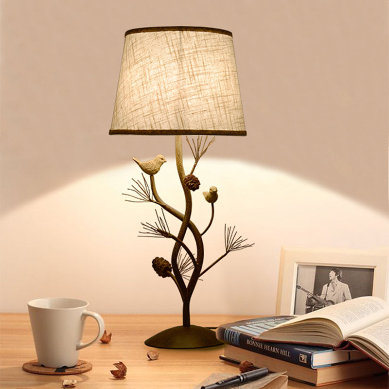 Drum Bedroom Night Table Lamp Country Style Fabric 1 Light Beige Desk Light with Tree and Bird