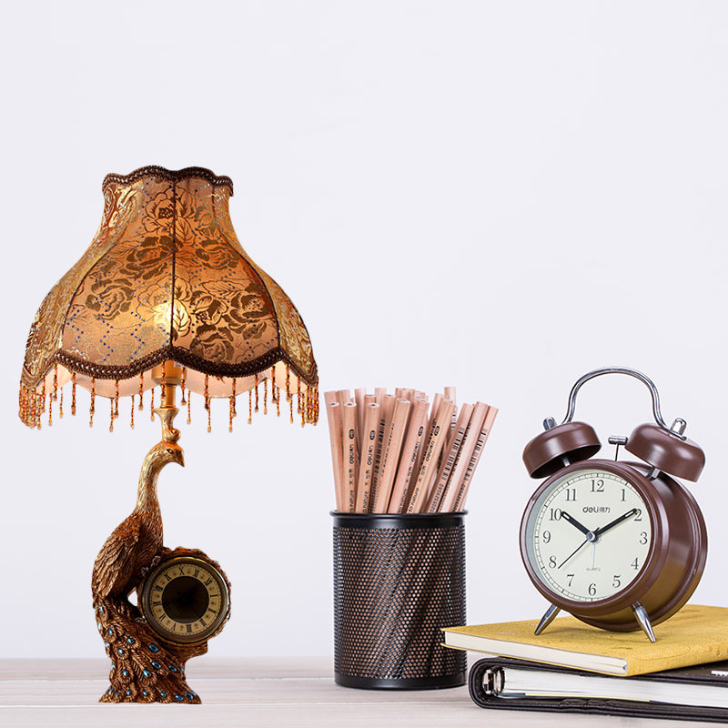 Classic Scalloped Table Light 1 Light Fabric Task Lighting in Brown/Gold for Bedroom with Peacock and Clock