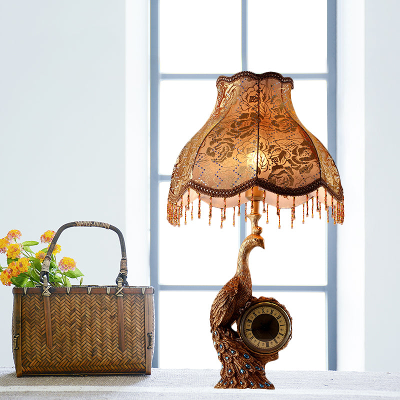 Classic Scalloped Table Light 1 Light Fabric Task Lighting in Brown/Gold for Bedroom with Peacock and Clock