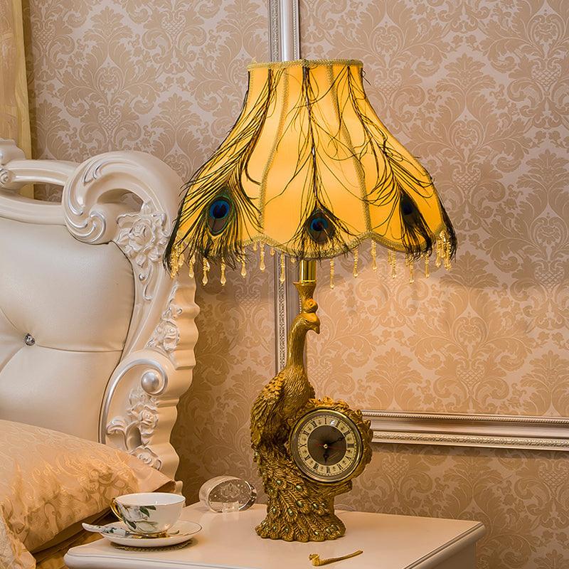 Classic Scalloped Table Light 1 Light Fabric Task Lighting in Brown/Gold for Bedroom with Peacock and Clock