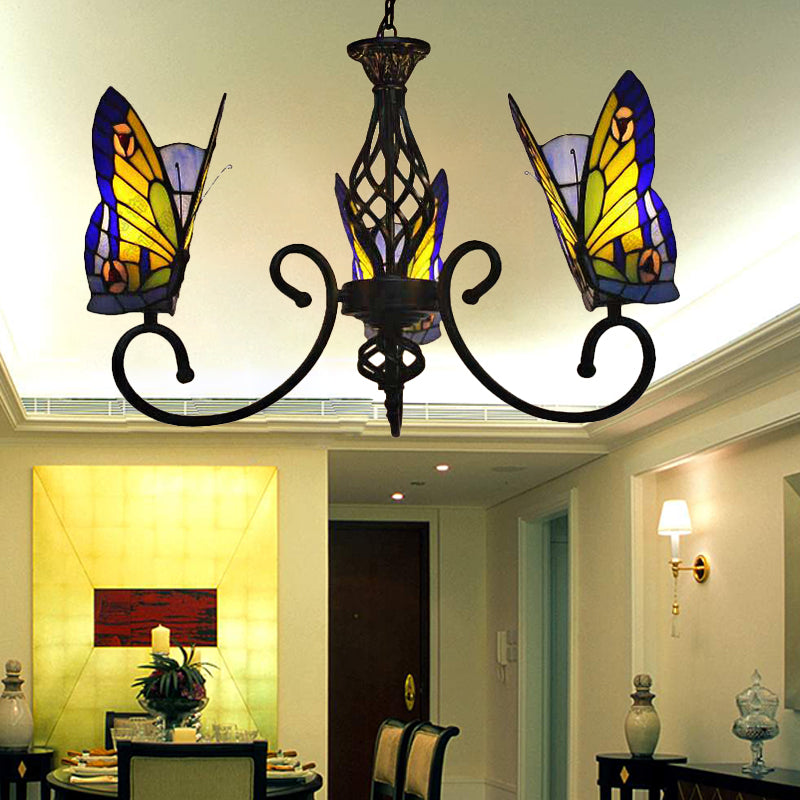 Chandeliers Tiffany pour salle à manger, luminaire pendentif papillon avec une teinte en vitrail