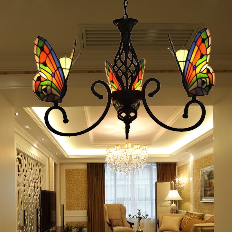 Chandeliers Tiffany pour salle à manger, luminaire pendentif papillon avec une teinte en vitrail