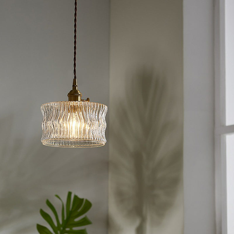 Antique Style Drum Pendant Light 1-Light Clear Ribbed Glass Hanging Light Fixture