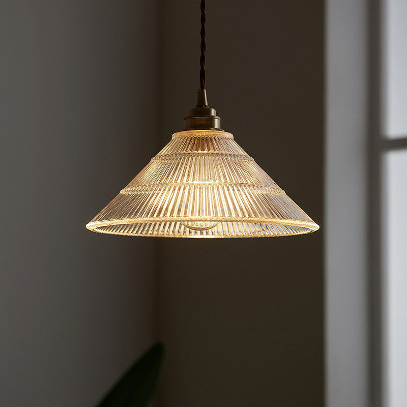 Industrial Conical Ceiling Light Single Clear Ribbed Glass Hanging Pendant Lighting