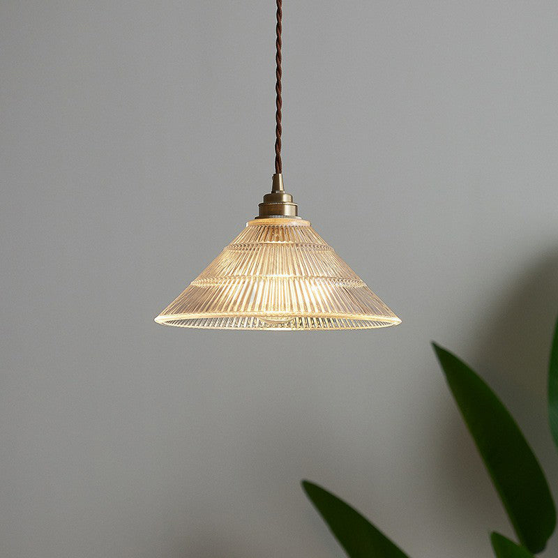 Industrial Conical Ceiling Light Single Clear Ribbed Glass Hanging Pendant Lighting