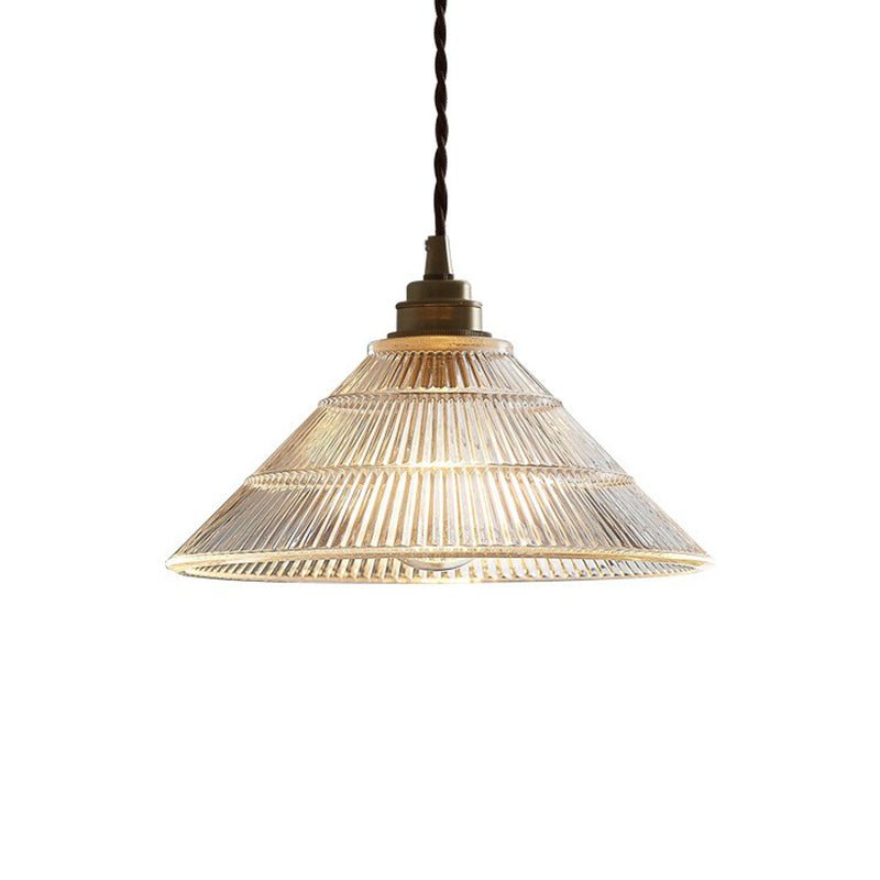 Industrial Conical Ceiling Light Single Clear Ribbed Glass Hanging Pendant Lighting