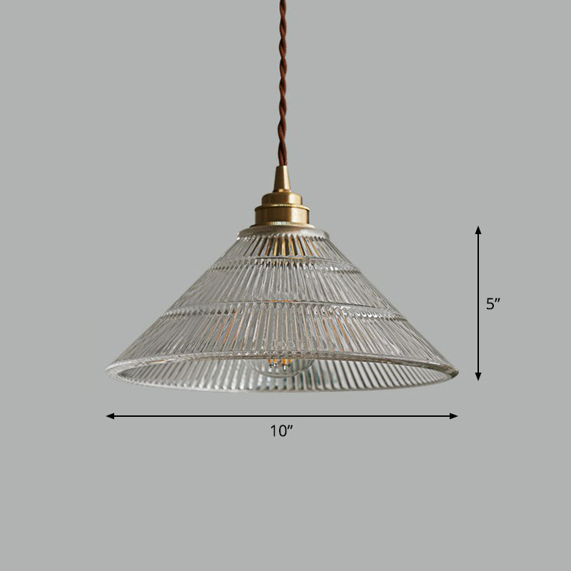 Industrial Conical Ceiling Light Single Clear Ribbed Glass Hanging Pendant Lighting