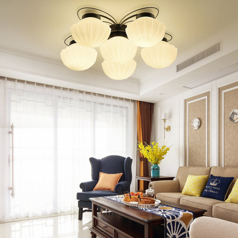 Black 3/4/6 Lights Ceiling Lighting Classic White Glass Bowl Semi Flush Light for Corridor