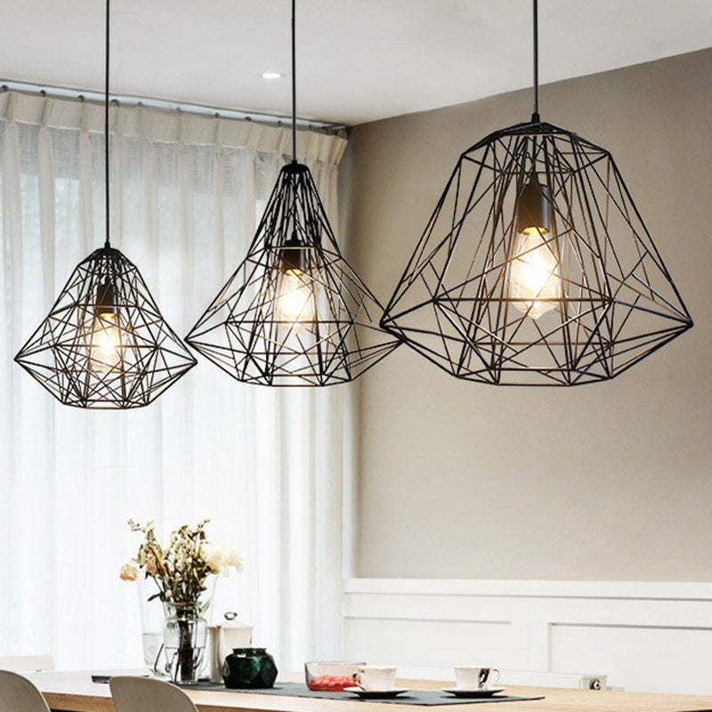 Iron Wire Diamond Pendant Lamp Loft Style 1 Bulb Restaurant Ceiling Hang Light in Black