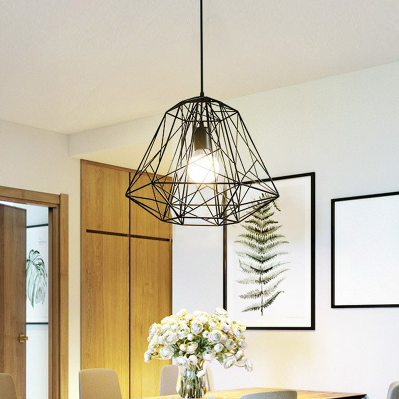 Iron Wire Diamond Pendant Lamp Loft Style 1 Bulb Restaurant Ceiling Hang Light in Black