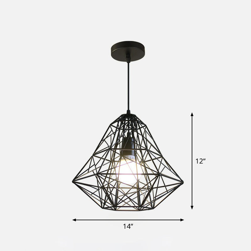 Iron Wire Diamond Pendant Lamp Loft Style 1 Bulb Restaurant Ceiling Hang Light in Black