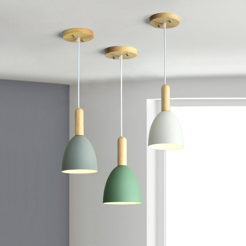 Metallic Bell Hanging Light Macaron 1-Head Down Lighting Pendant with Wooden Handle