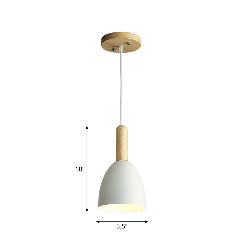 Metallic Bell Hanging Light Macaron 1-Head Down Lighting Pendant with Wooden Handle