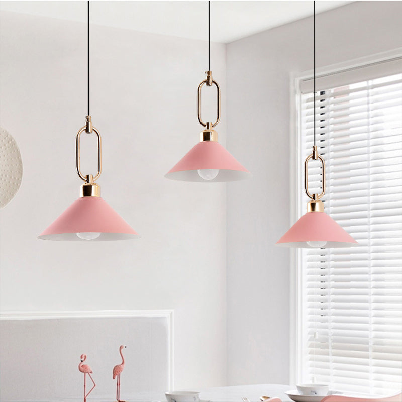 Macaron Single-Bulb Pendant Light Conical Ceiling Lamp with Metal Shade and Oval Ring