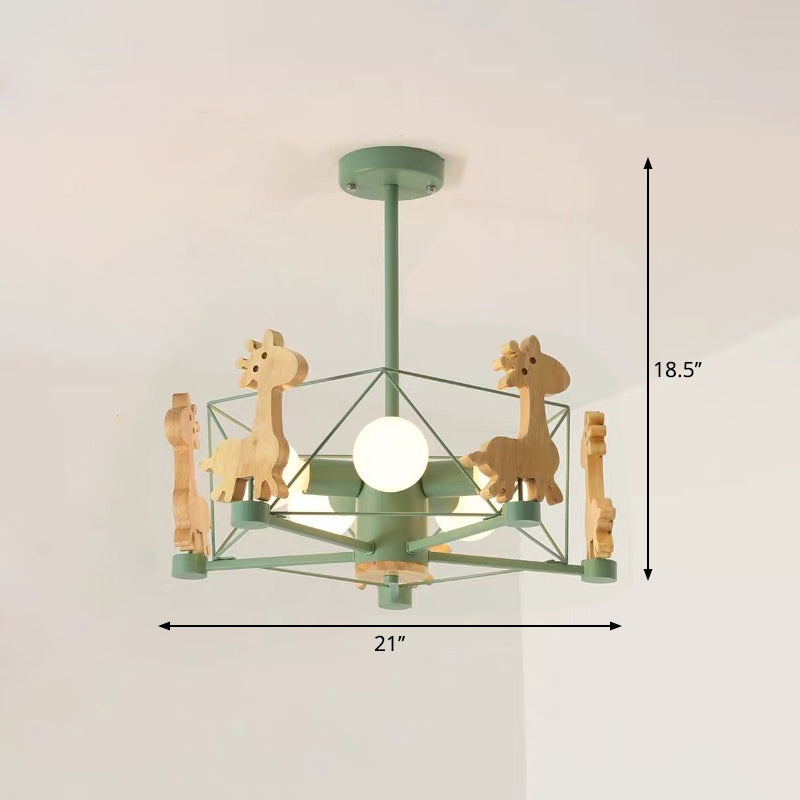 Macaron Cage plafond hanger licht metaal 4-kop slaapkamer kroonluchter met houten giraf deco