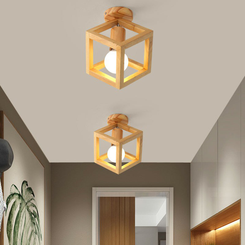 Geometric Corridor Small Flush-Mount Light Wooden 1 Head Modern Ceiling Light Fixture