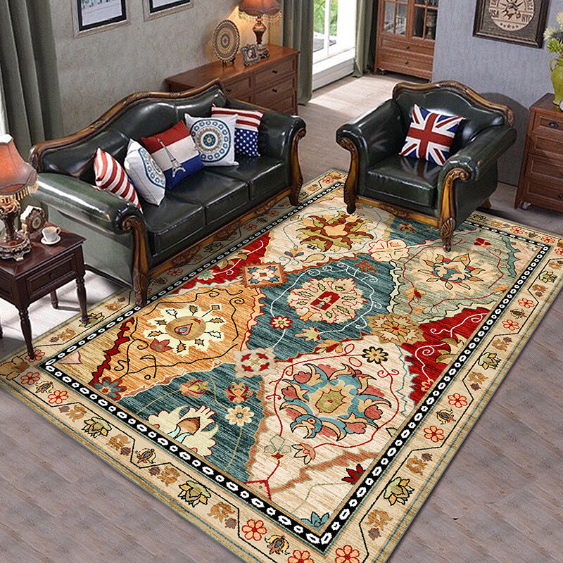 Vintage Living Room Rug Multi Colored Flower Printed Indoor Rug Polyster Easy Care Pet Friendly Carpet