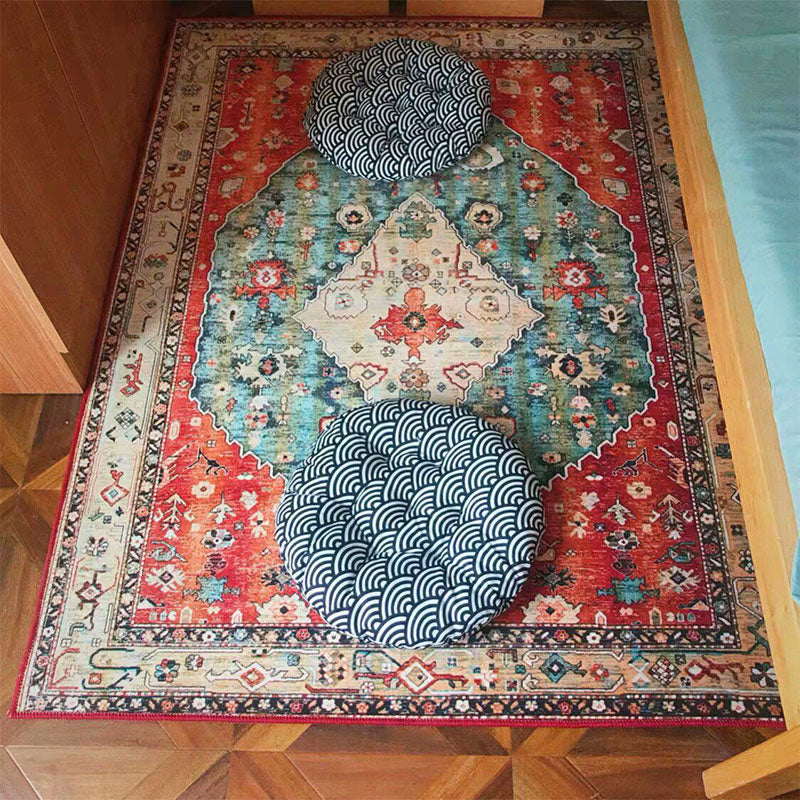 Vintage Living Room Rug Multi Colored Flower Printed Indoor Rug Polyster Easy Care Pet Friendly Carpet