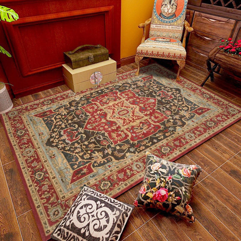 Multi Color Flower Rug Polyster Antique Area Carpet Anti-Slip Backing Pet Friendly Indoor Rug for Living Room