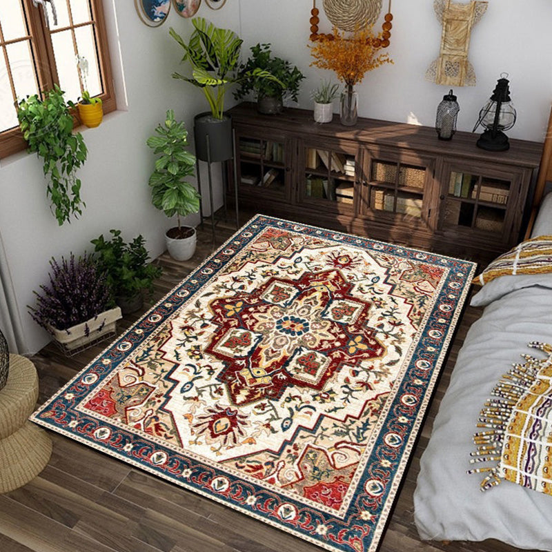 Multi Color Flower Rug Polyster Antique Area Carpet Anti-Slip Backing Pet Friendly Indoor Rug for Living Room