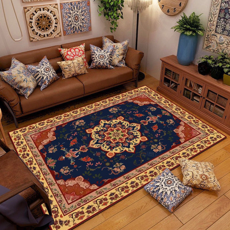 Multi Color Flower Rug Polyster Antique Area Carpet Anti-Slip Backing Pet Friendly Indoor Rug for Living Room