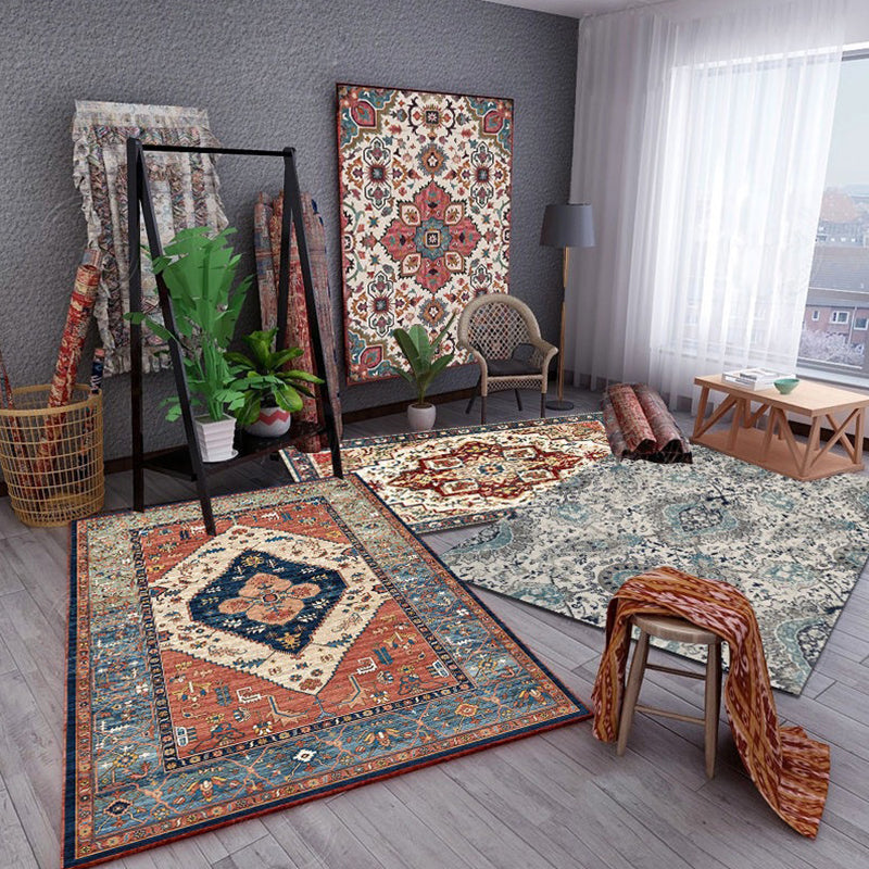 Multi Color Flower Rug Polyster Antique Area Carpet Anti-Slip Backing Pet Friendly Indoor Rug for Living Room