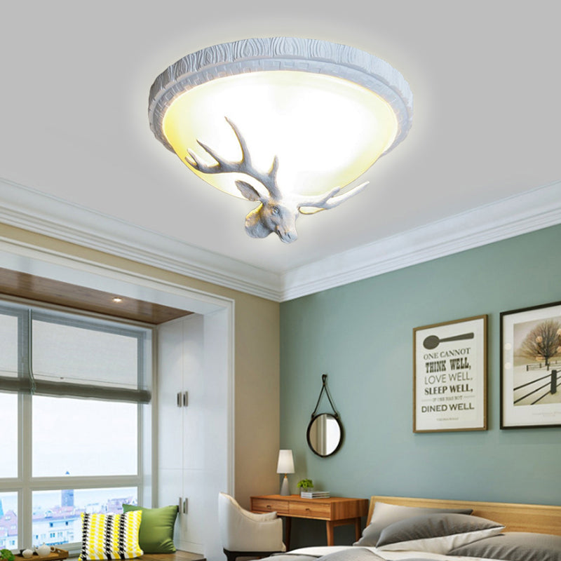 3 Light Domed Flush Mount Lamp Countryside White Glass Ceiling Mounted Fixture for Bedroom with Elk Decoration