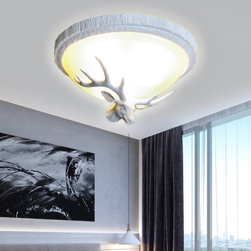 3 Light Domed Flush Mount Lamp Countryside White Glass Ceiling Mounted Fixture for Bedroom with Elk Decoration