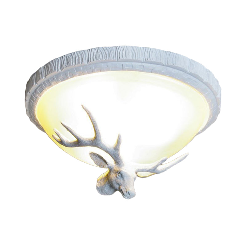 3 Light Domed Flush Mount Lamp Countryside White Glass Ceiling Mounted Fixture for Bedroom with Elk Decoration