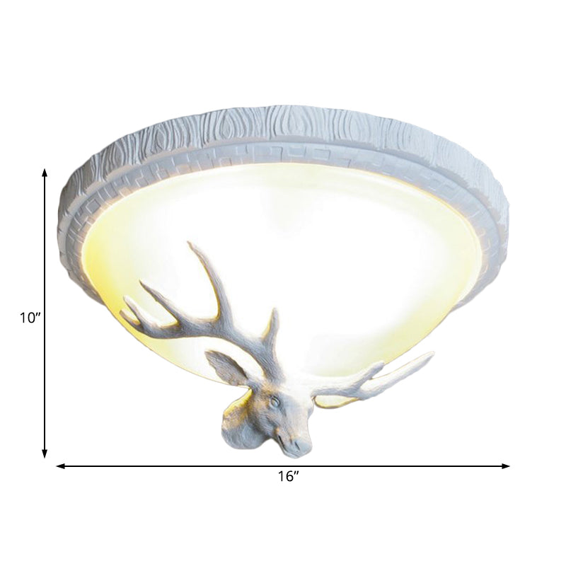 3 Light Domed Flush Mount Lamp Countryside White Glass Ceiling Mounted Fixture for Bedroom with Elk Decoration