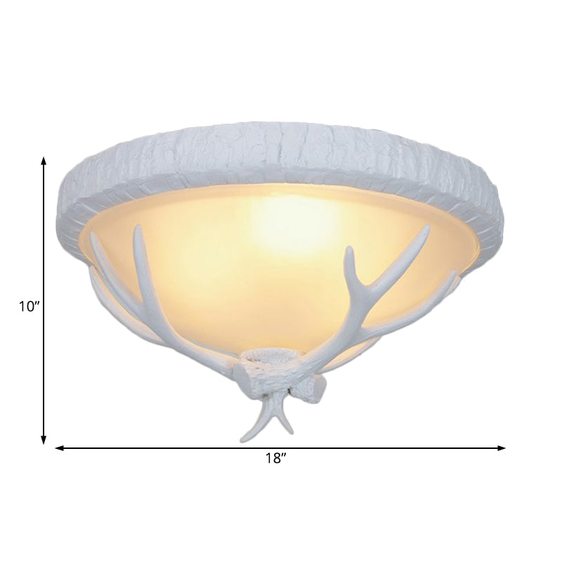 Bowl Frosted Glass Flush Fixture Country Style 3 Light Living Room Flush Lamp in White with Elk Pattern