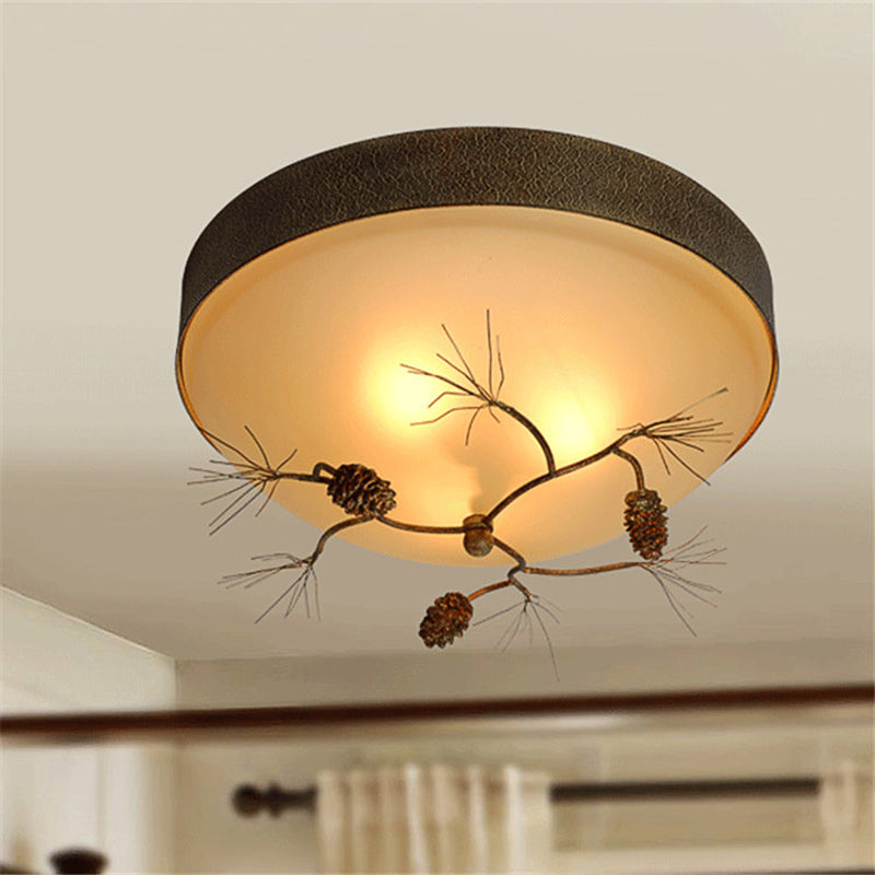 Brown 3-Light Ceiling Mount Light Rustic Frosted Glass Bowl Flush Light Fixture for Corridor with Pinecone