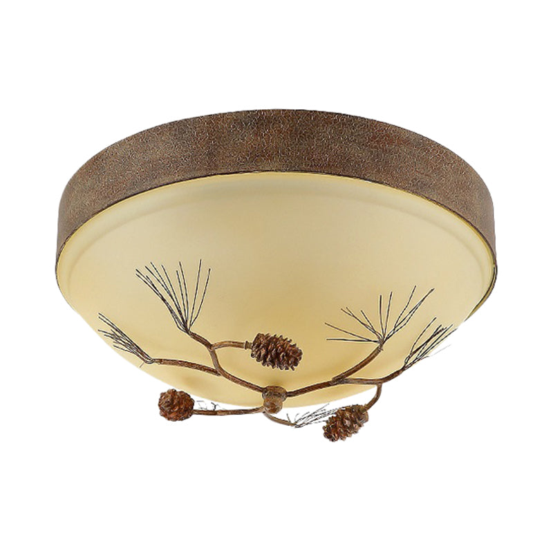 Brown 3-Light Ceiling Mount Light Rustic Frosted Glass Bowl Flush Light Fixture for Corridor with Pinecone