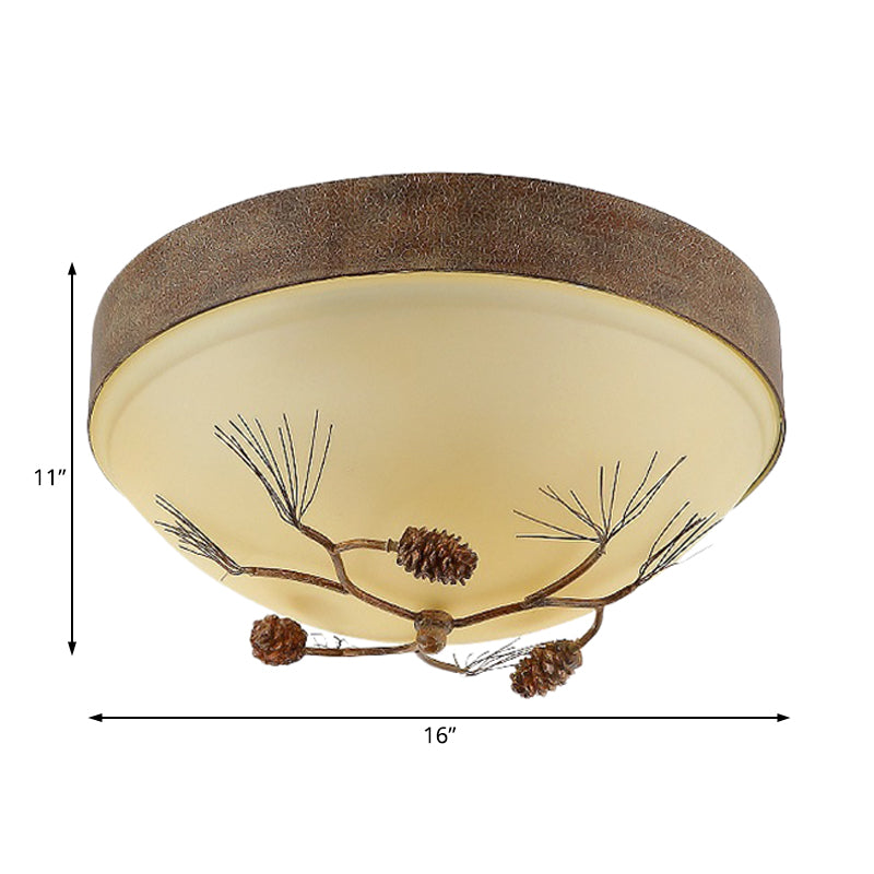 Brown 3-Plafond léger du Mount Light Rustic Frosted Glass Bowl Flush Light Fixture for Corridor with Pinecone