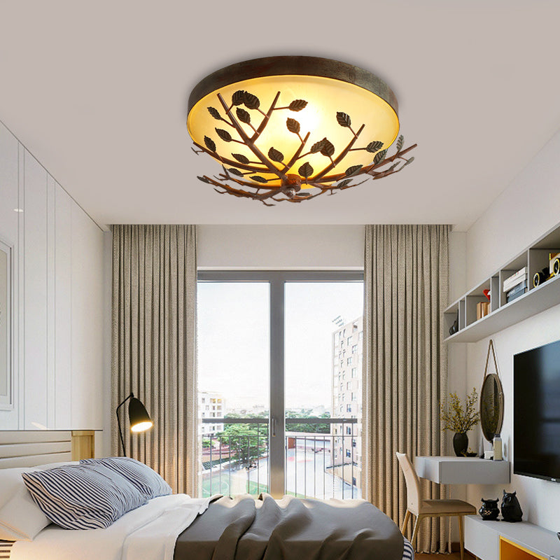 3-Light Bedroom Flush Lighting Country Brown Flush Mount with Dome Frosted Glass Shade