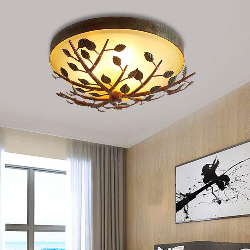 3-Light Bedroom Flush Lighting Country Brown Flush Mount with Dome Frosted Glass Shade