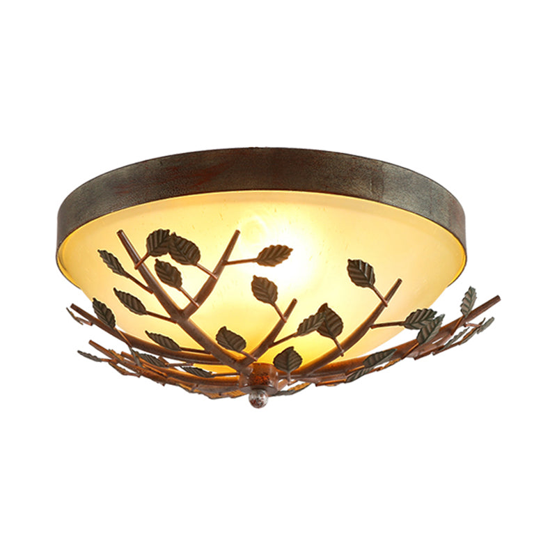 3-Light Bedroom Flush Lighting Country Brown Flush Mount with Dome Frosted Glass Shade