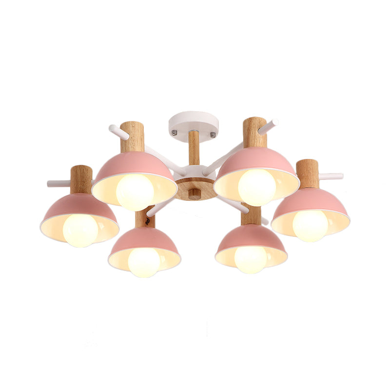 Pink/Green Dome Chandelier Lighting with Radial Design Modernist 6 Lights Rubber Led Hanging Lamp Fixture