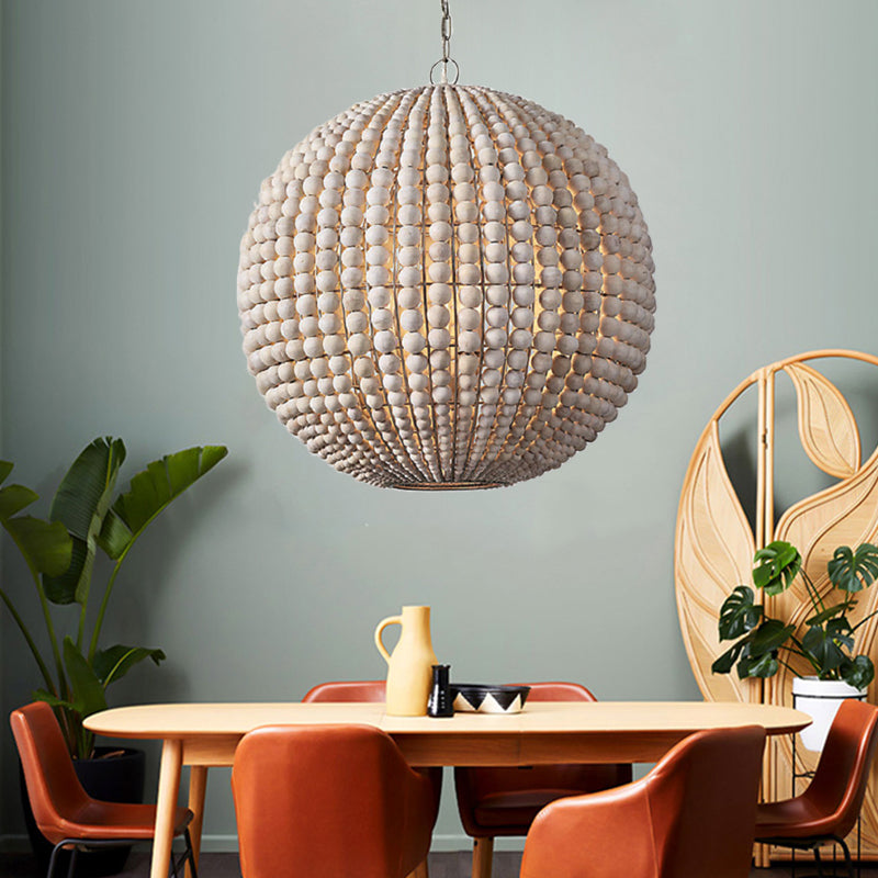 Nordic Sphere Suspension Lamp Wood 1 Head Hanging Light Fixture in Beige for Living Room