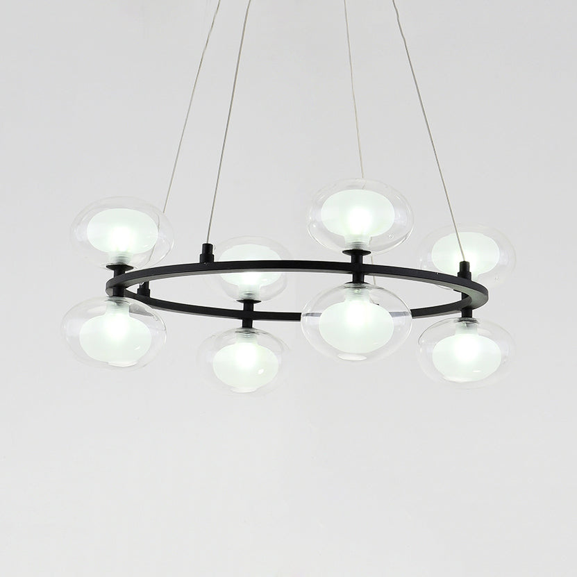 Metal Circular Chandelier Lamp Contemporary 8/12 Lights Black Led Hanging Pendant Light with Clear Glass Oval Shade