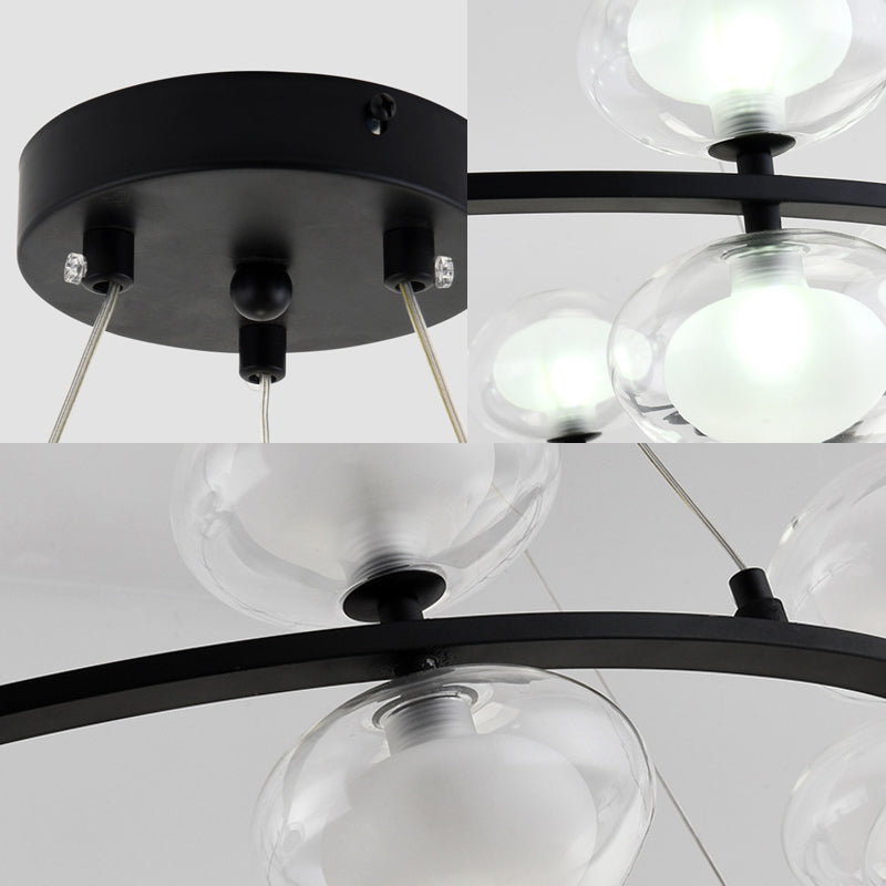 Metal Circular Chandelier Lamp Contemporary 8/12 Lights Black Led Hanging Pendant Light with Clear Glass Oval Shade