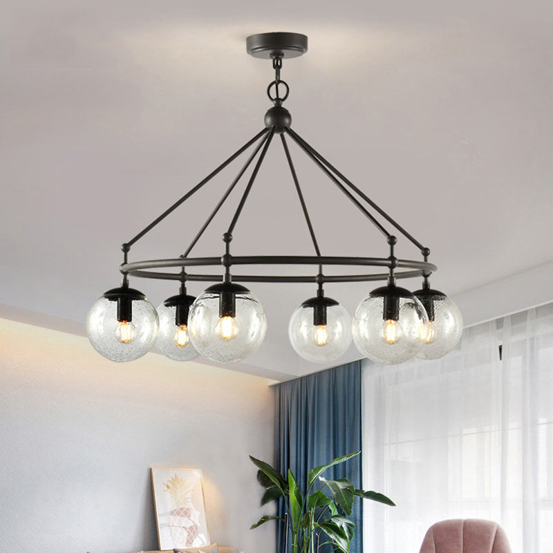 Clear Frosted Glass Sphere Chandelier Modernist Multi Lights Black Hanging Light Kit with Circle Ring Design