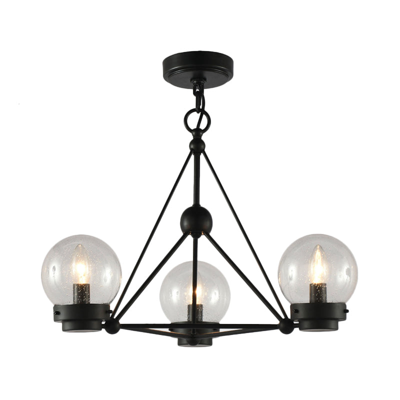 Ball Living Room Chandelier Pendant Clear Frosted Glass 3 Lights Modern Hanging Ceiling Light in Black with Triangle Design