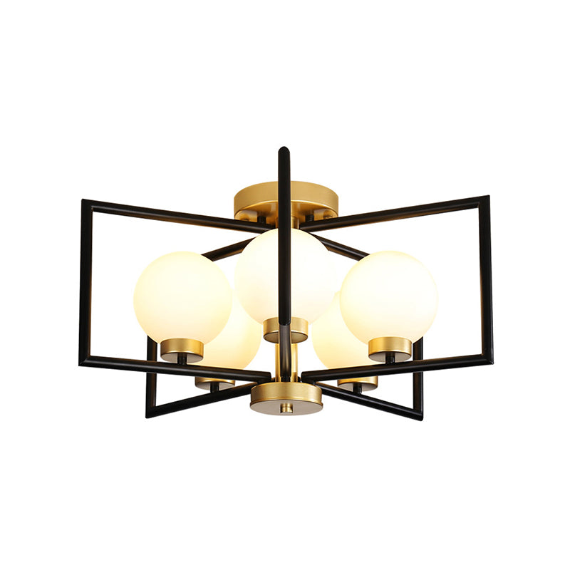 5 Lichten Rechthoek Flush Light Fixture Traditioneel Wit Glas Plafond Mount voor Living Room