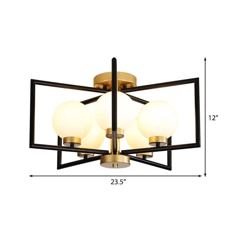 5 Lights Rectangle Flush Light Fixture Traditional White Glass Ceiling Mount for Living Room