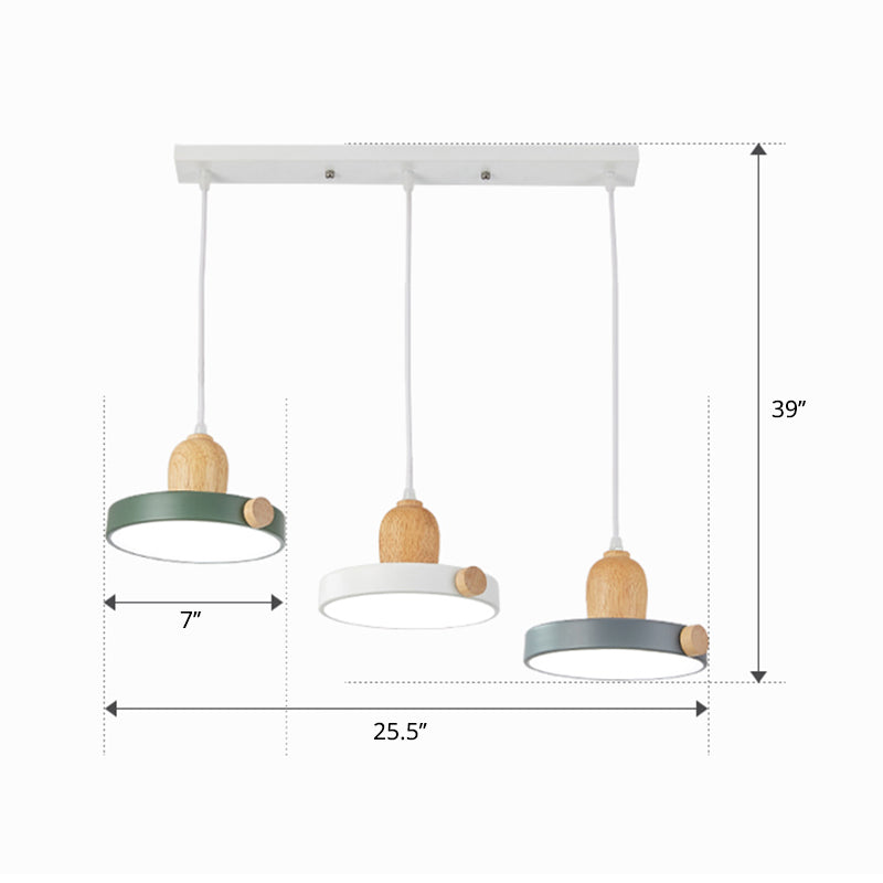 Nordic Pot Lid LED Pendant Lamp Acrylic 3-Head Dining Room Multi Ceiling Light in White and Wood