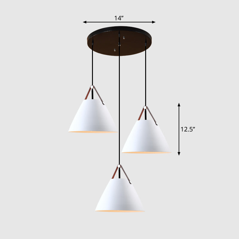 Nordic 3 Lights Cluster Pendant Conical Hanging Light with Metal Shade and Leather Strap